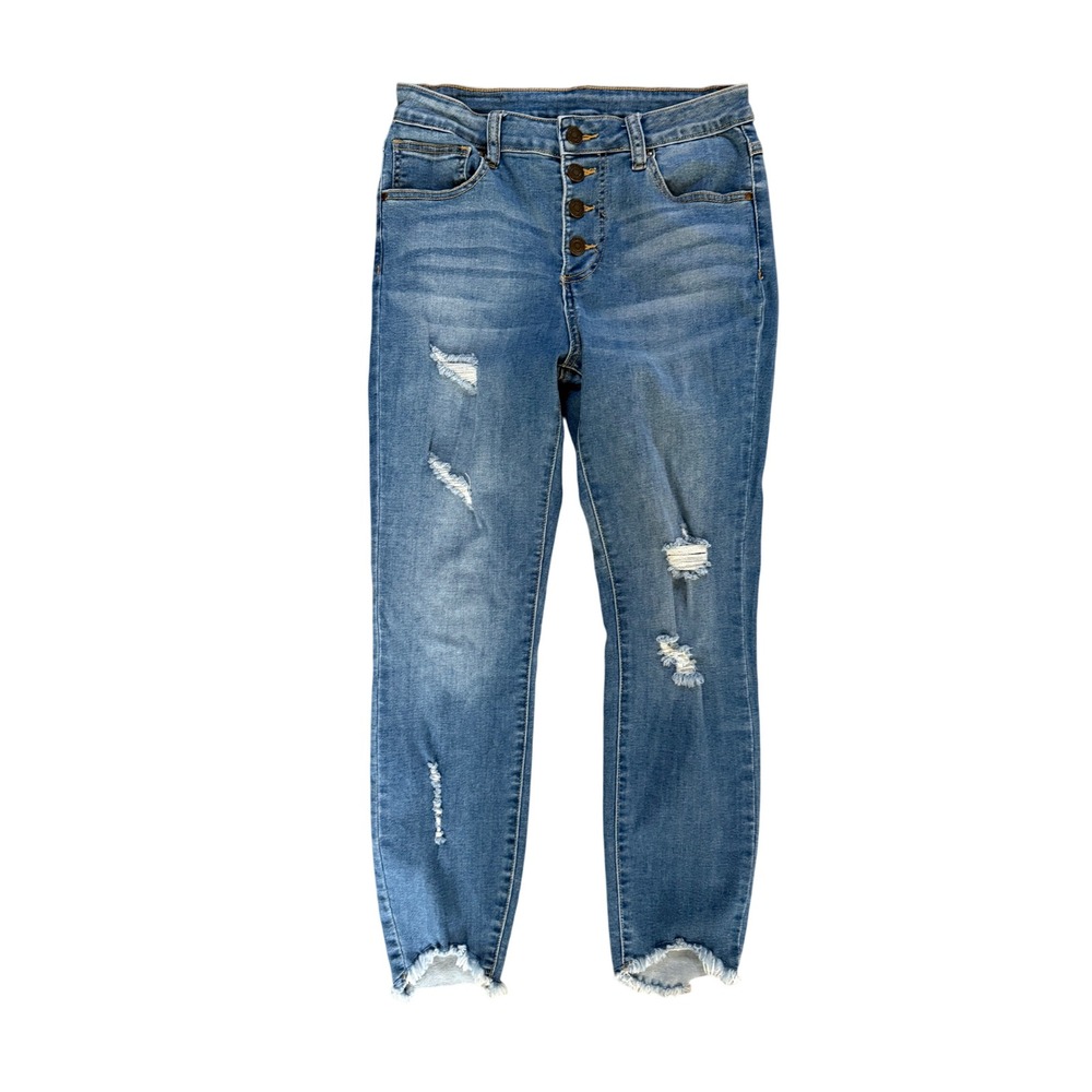 Grace & Lace Womens Distressed Skinny Jeans Blue Button‎ Fly Raw Hem Size 8